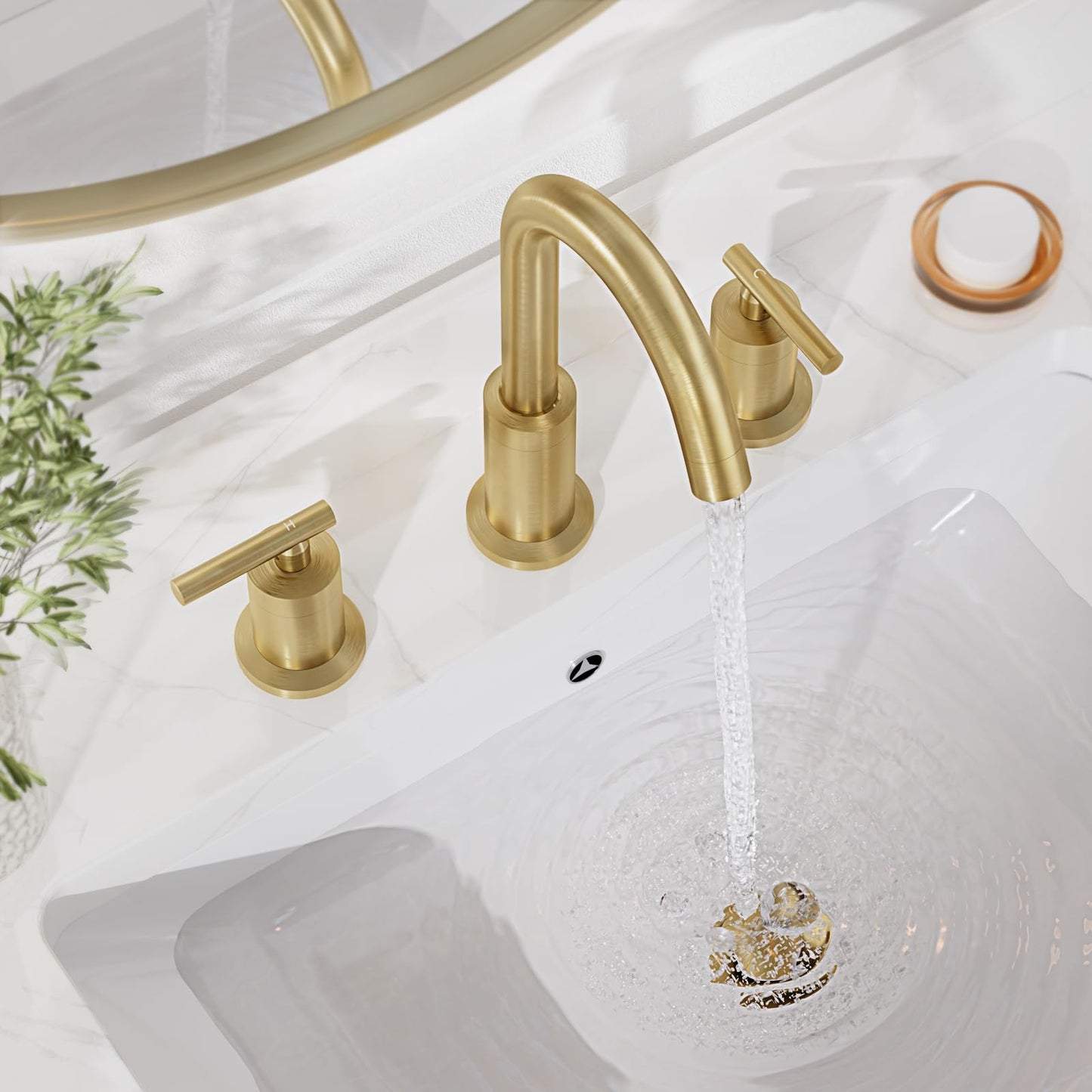 Phiestina Brushed Gold Bathroom Sink Faucet, Widespread 8 Inch 3 Hole Rotatable 360 Degree Modern Bathroom Faucet, with Pop Up Drain and Water Supply Line, WF03-1-BG