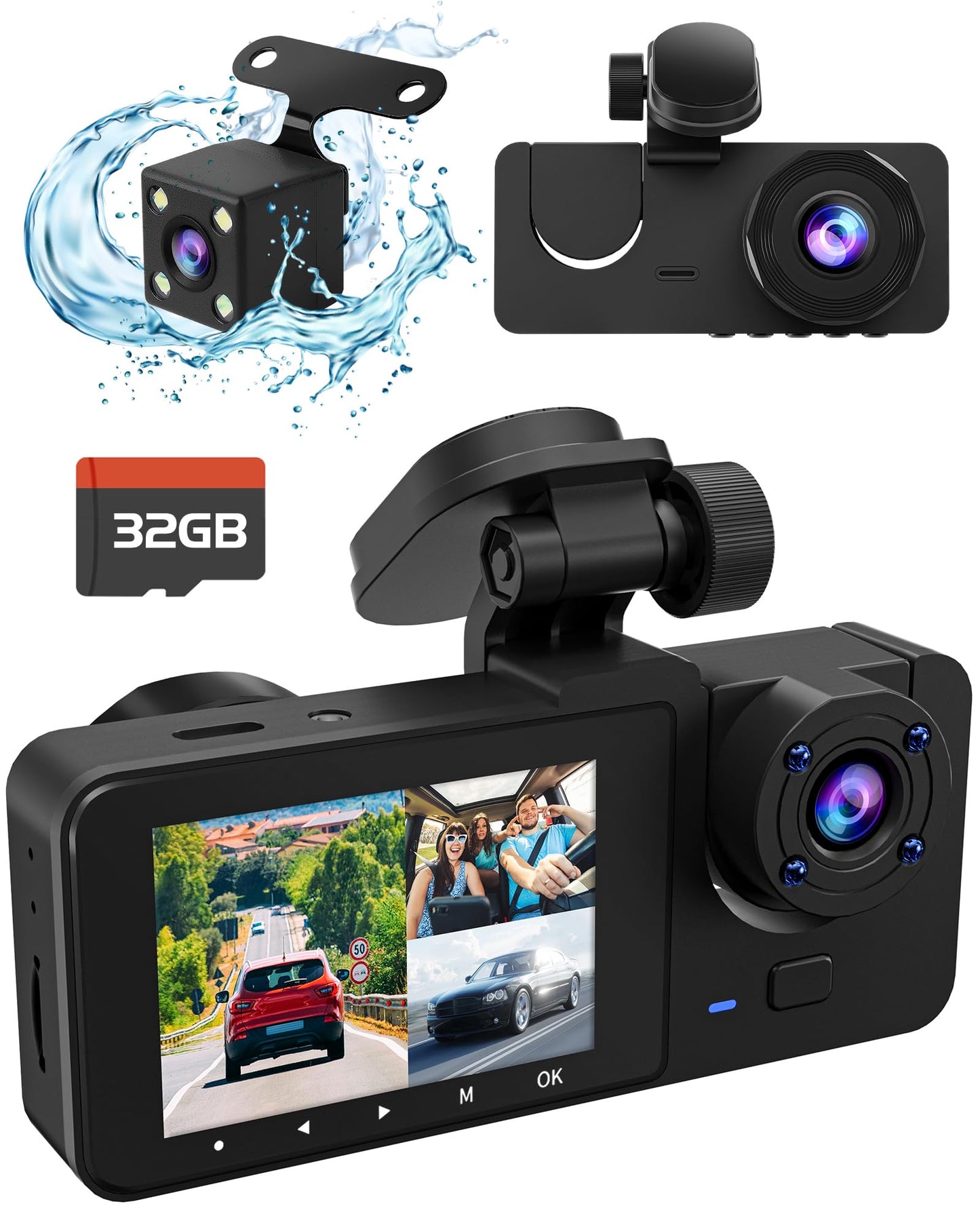 3 Channel 4K Dash Cam, Dash Cam Front and Rear Inside, Dash Camera for Cars, Triple Car Camera, Three Way Dashcam with 32GB Card,Built-in G-Sensor, 24Hr Parking,WDR,Loop Recording