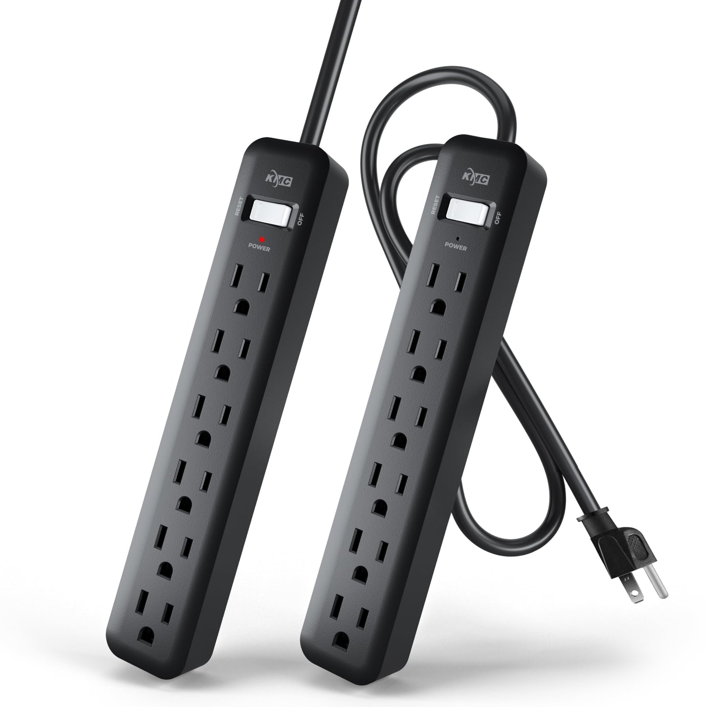 KMC 6-Outlet Power Strip, 2-Pack, 2-Foot Short Extension Cord with Multiple Outlets, 6 AC Power Outlet Power Bar, 2pk Power Strips, Black