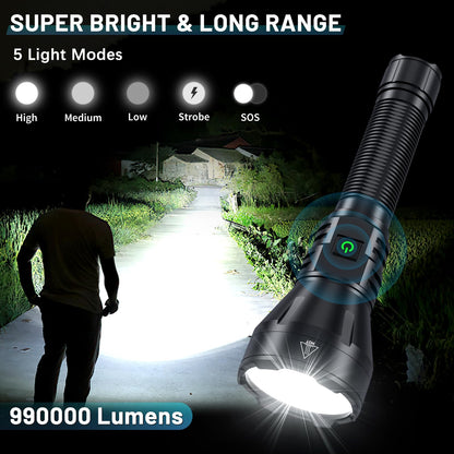 Rechargeable Flashlights High Lumens, 990000 Lumens Super Bright Flashlight, 5 Modes LED Powerful Flashlight Adjustable & Waterproof, Versatile Tactical Flashlight for Emergencies, Hiking, Camping