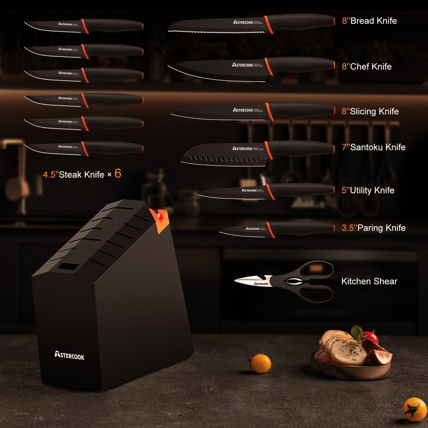 Astercook 15-Piece Dishwasher Safe Knife Set