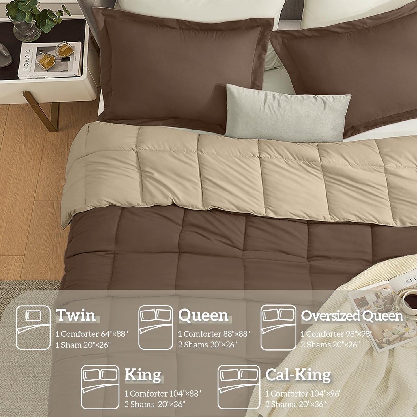 Homelike Moment Twin Comforter Set Brown, Lightweight Reversible Comforter Twin Size Bed Sets, Soft Down Alternative Bed Comforter All Season 2 Pcs Twin Bedding Set with 1 Sham Brown/Beige