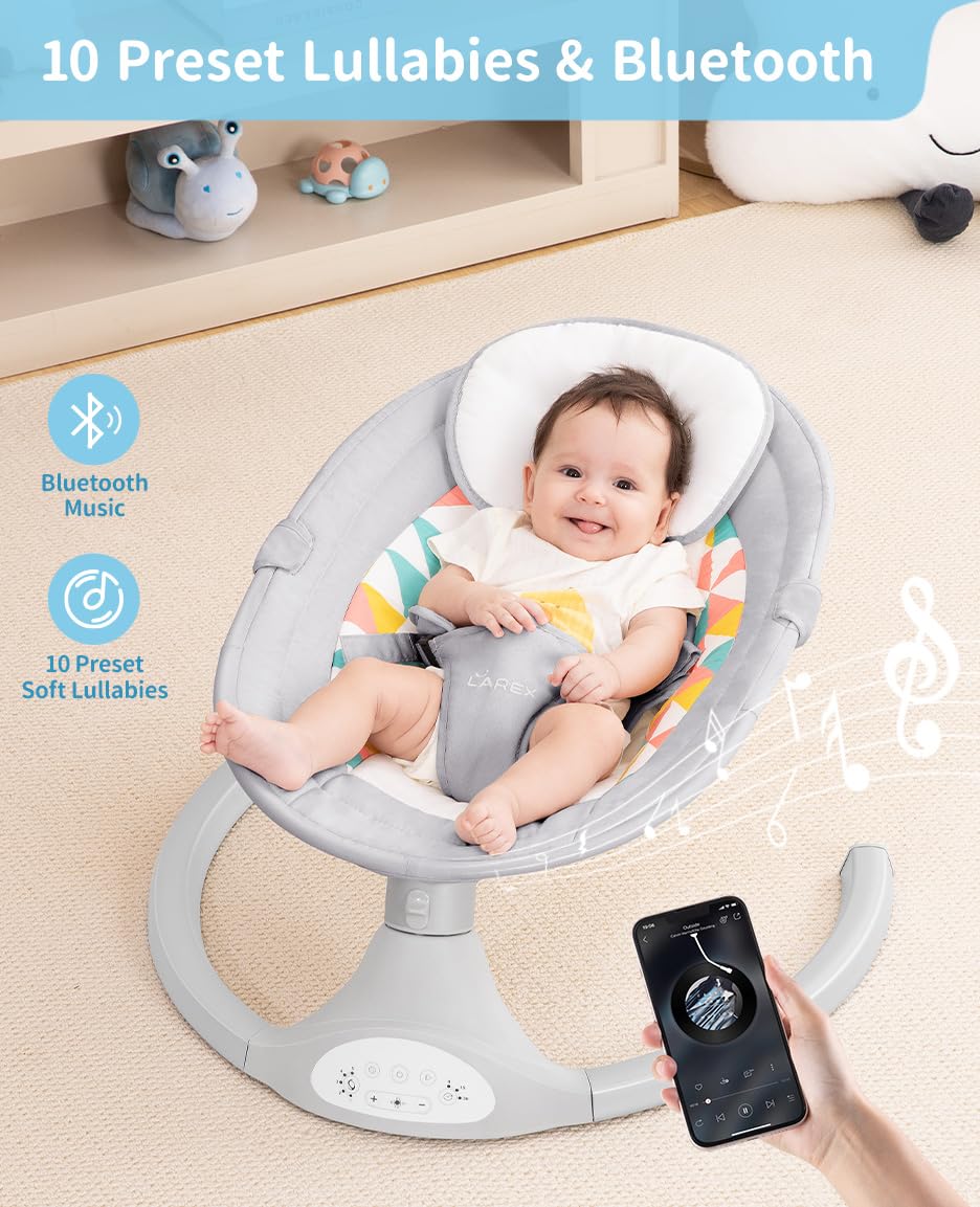 LAREX Baby Swing for Infants, Electric Baby Swings for Newborns Portable Babies Swing with 5 Speeds, Bluetooth Music, Remote Control, Grey
