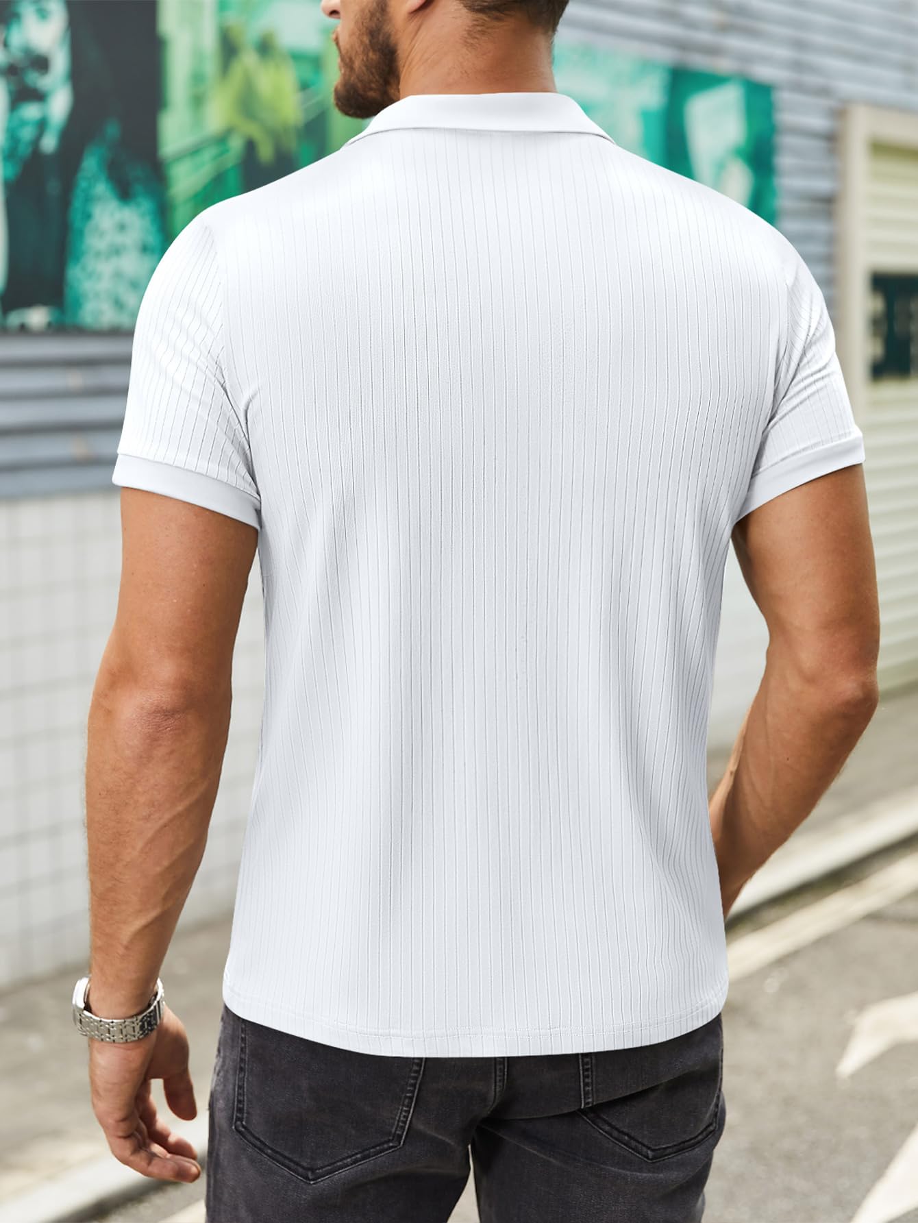 hawalili Men's Polo Shirts Short Sleeve V Neck Ribbed Knit Button Up Slim Fit Golf Muscle Blouse Tee White-M