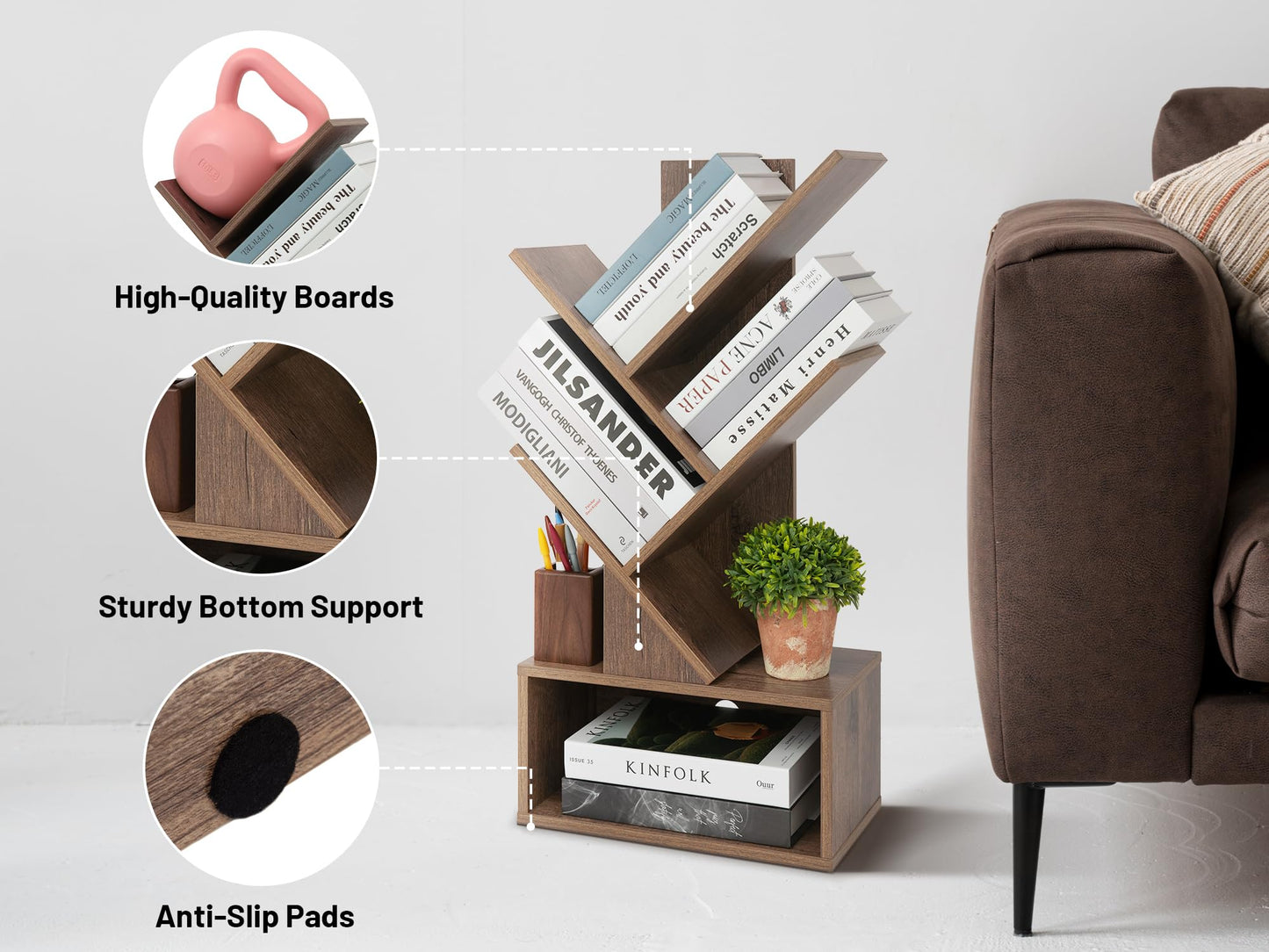 Labcosi 3 Tier Tree Bookshelf, Small Bookshelf with Open Storage Space, Wood Shelf for Storing Books, Book Organizer Shelves for Home Office, Bedroom, Living Room