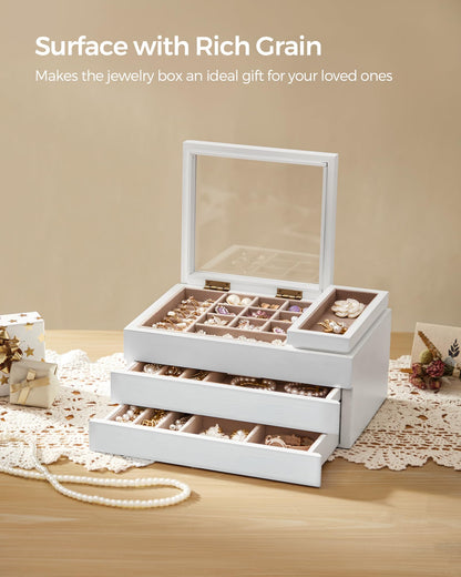 SONGMICS Wooden Jewelry Box with Clear Lid, 3-Layer Jewelry Storage Organizer, 2 Drawers, Small Removable Tray, Solid Wood Veneer, Velvet Lining, Floating Effect, Gift Idea, Snow White UJOW016W01