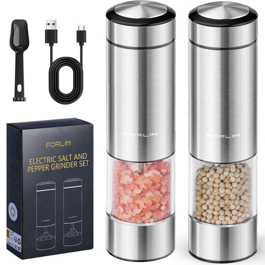 Rechargeable Salt and Pepper Grinder Set - Stainless Steel
