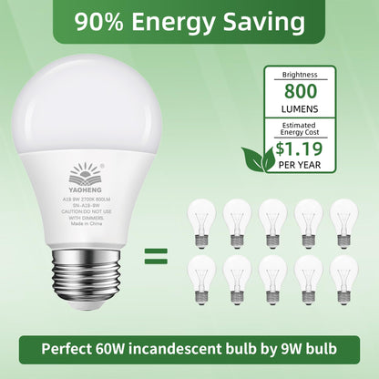 YAOHENG A19 LED Light Bulb, 9W(60W Equivalent) LED Bulbs, E26 Standard Base, 2700K Warm White, 800 Lumens, Non-Dimmable, 9W Bright White Light Bulbs for Home Office (16-Pack)