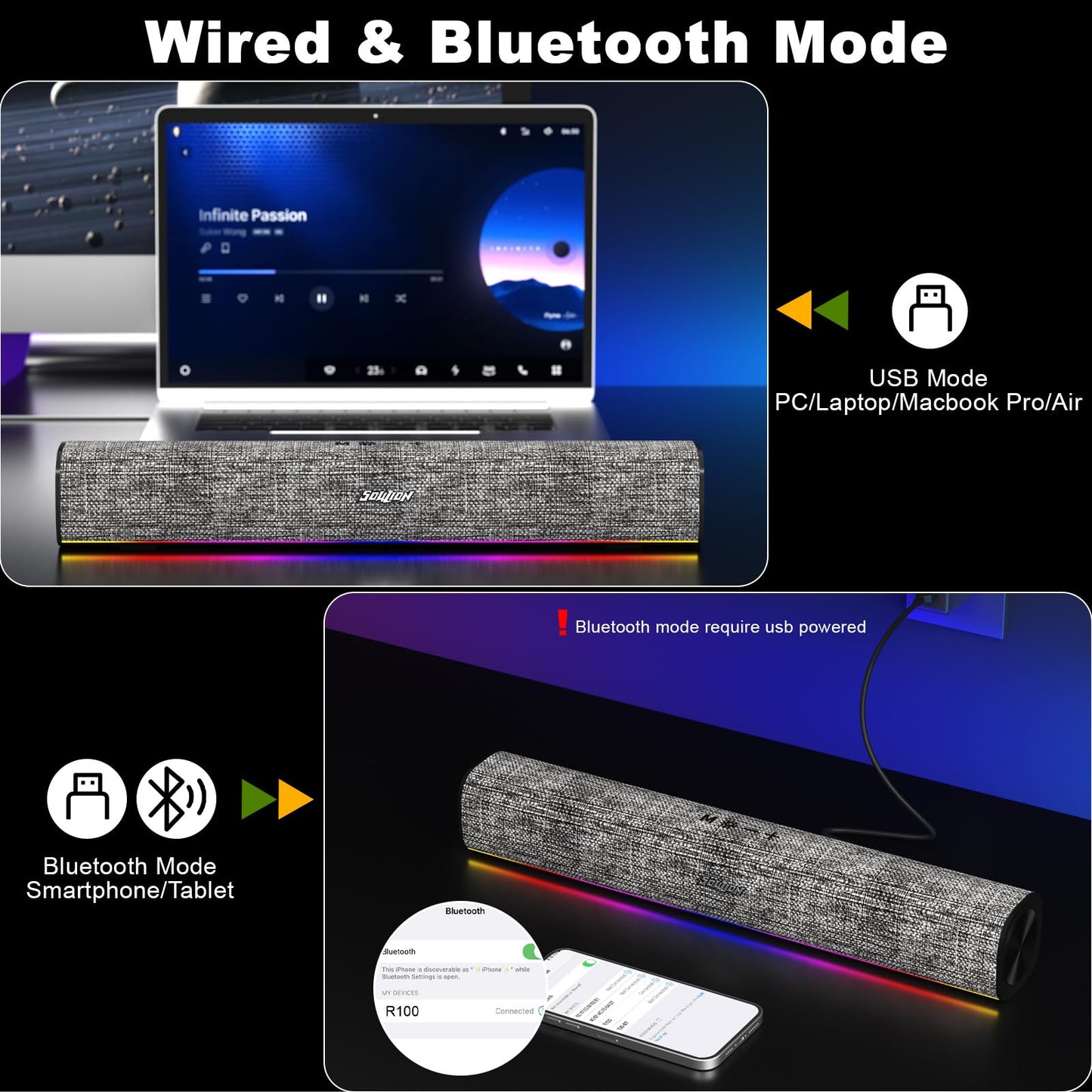 SOULION Bluetooth Speakers with LED Light for PC