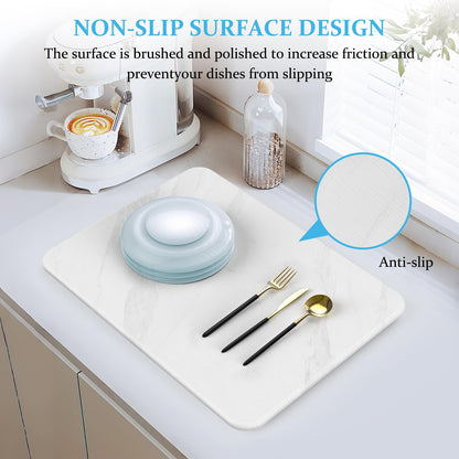 FLOKINICE Stone Dish Drying Mat for Kitchen Counter, Eco-Friendly Ultra Absorbent Heat Resistant Diatomaceous Earth Sink Tray Mat for Dish Bottles Cups & Pet Bowl (White Marble)