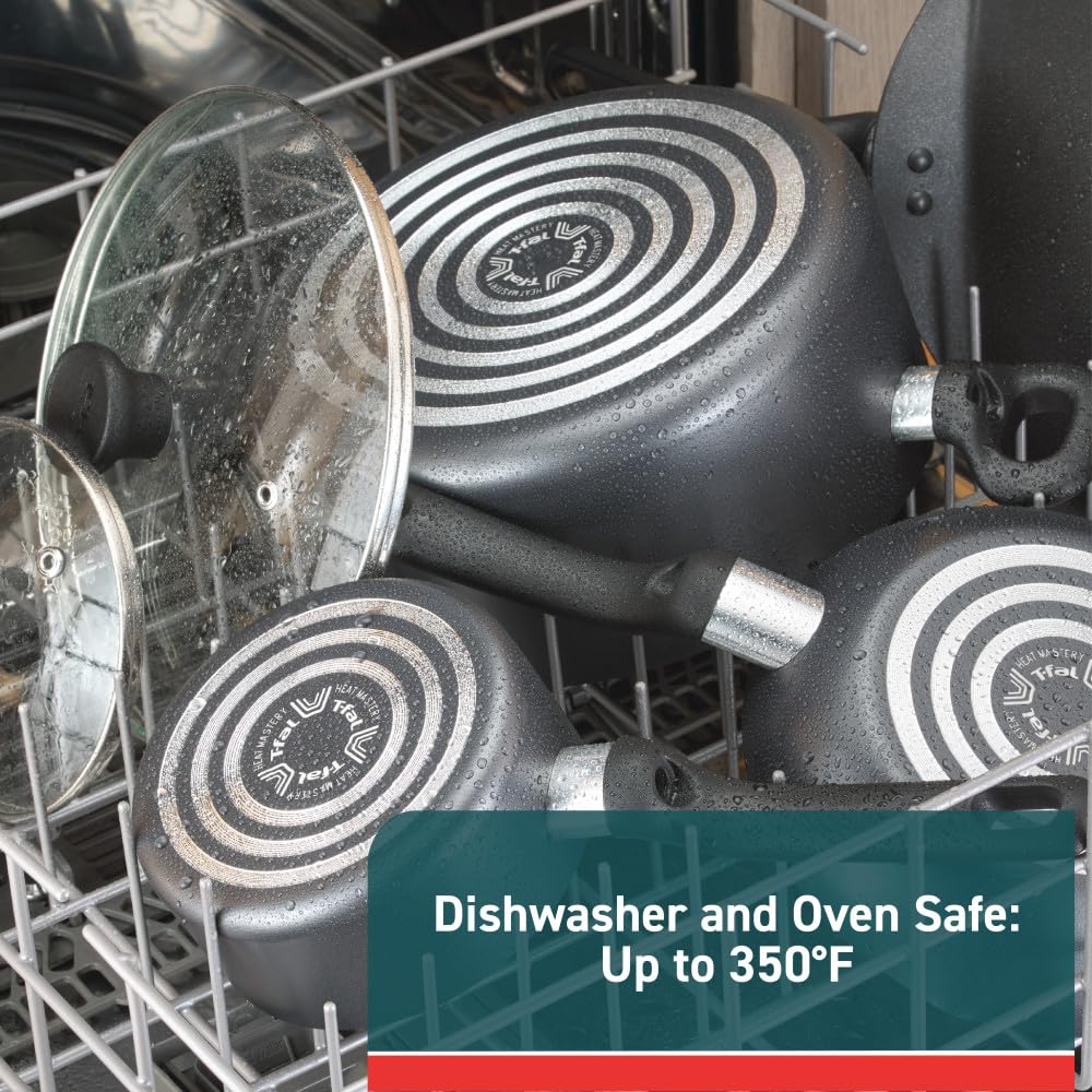 T-fal Initiatives Nonstick Cookware Set 6 Piece Oven Safe 350F Cookware, Pots and Pans, Oven, Broil, Dishwasher Safe Gray