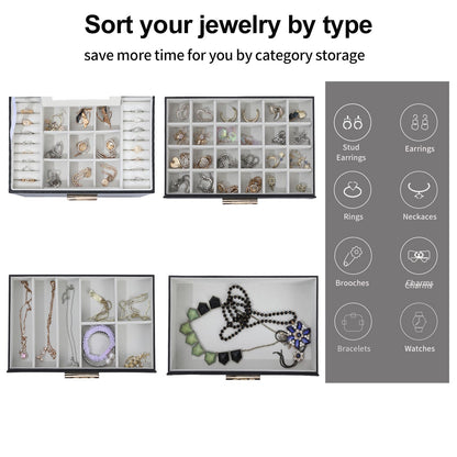 BOOVO 4 Layer Jewelry Box for Women, Jewelry Organizer Box with Necklace Hooks, 3 Drawers White Jewelry Box for Sunglasses, Necklace and Bracelet Storage (Black)