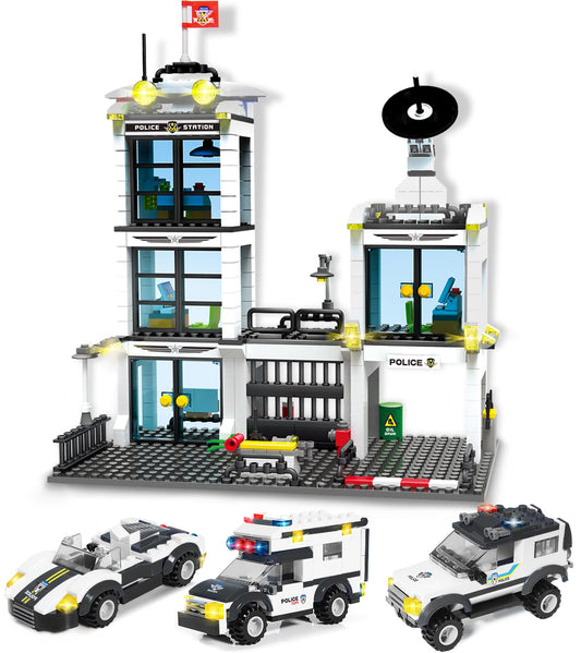 736 Pieces City Police Station & Car Building Blocks Set, with 3 Police Car Toy, Cop Patrol Car, Escort Vehicle, Prison Car, with Storage Box, City Sets Toy Bricks Kit, Gift for Boys Girls 6-12