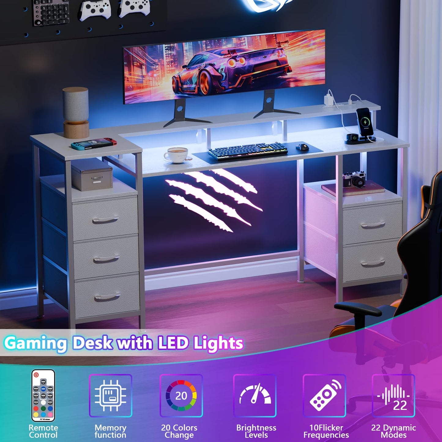 Korfile 55 Inch Gaming Desk with LED Lights