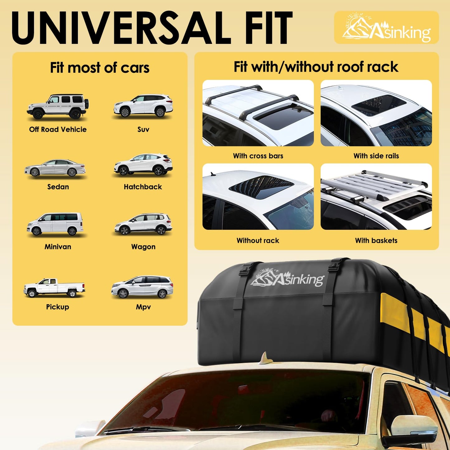 Car Rooftop Cargo Carrier Bag, 21 Cubic Feet Waterproo Car Top Carrier for All Vehicle with/Without Roof Rack, Includes Anti-Slip Mat, Luggage Lock, 6 Door Hooks, 2 Extra Straps, Storage Bag