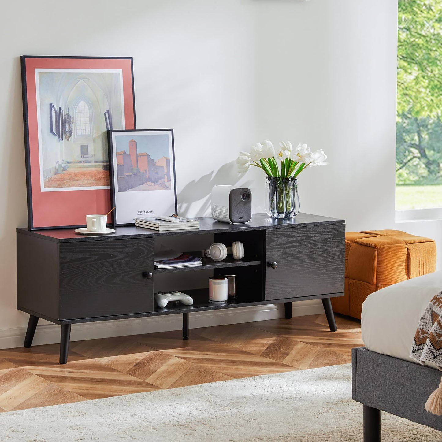 Sweetcrispy TV Stand for 55 60 inch Television, Entertainment Center with Storage, 2 Cabinet Media Console Table, Soft Hinge Door with Handle, Wood Feet, Living Room, Bedroom Furniture, Black