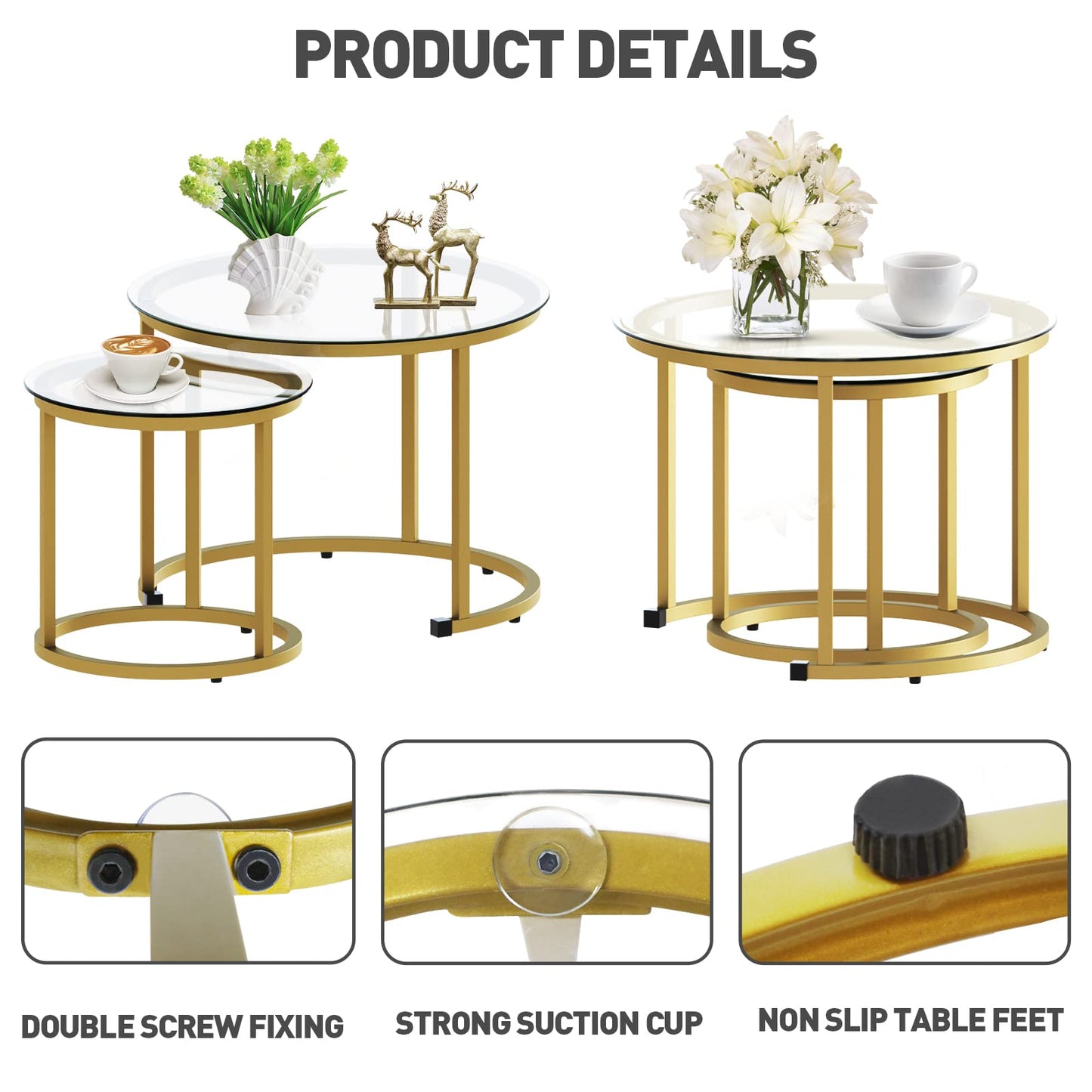 aboxoo Gold Nesting Coffee Table Set of 2, Small Glass Nesting Tables for Living Room Bedroom, Accent Tea Table with Metal Frame Modern Industrial Simple