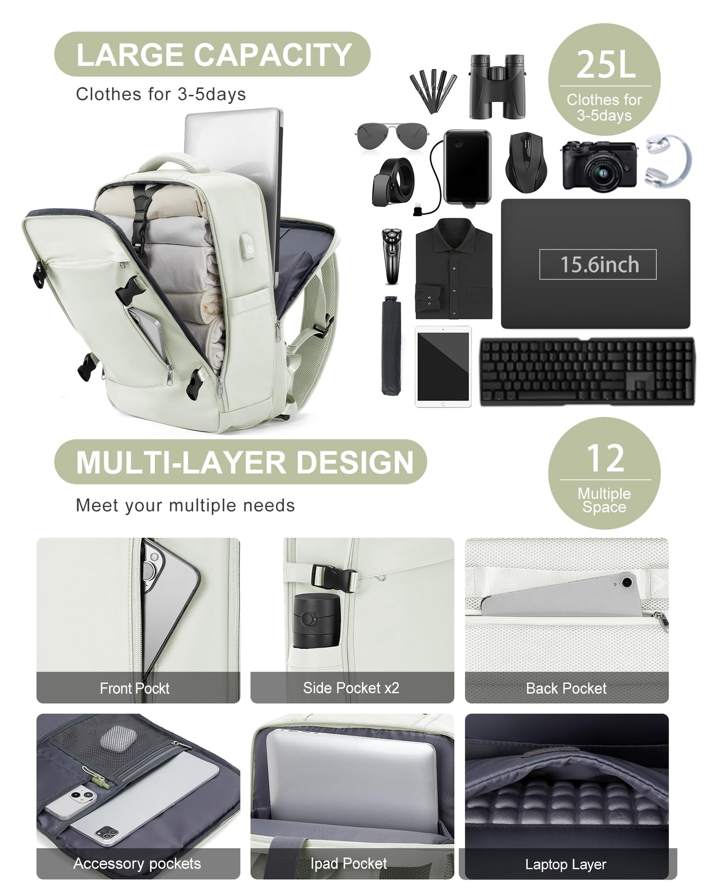 Large Travel Backpack for Women Carry On Airline Flight Approved Expandable Work Personal Item size Backpack Bag with Laptop compartment for College Men Waterproof Hiking Mochila de Viaje MoonWhite