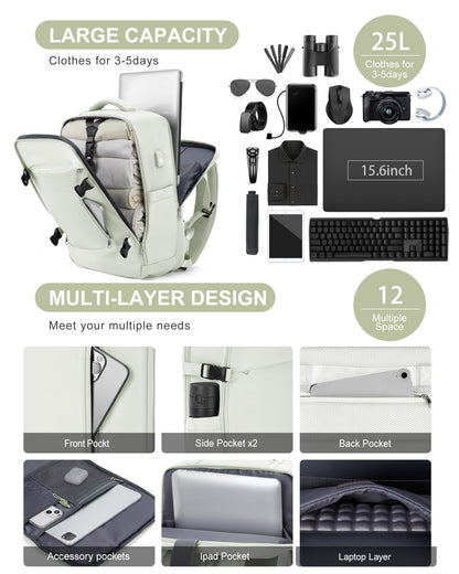 Large Travel Backpack for Women Carry On Airline Flight Approved Expandable Work Personal Item size Backpack Bag with Laptop compartment for College Men Waterproof Hiking Mochila de Viaje MoonWhite