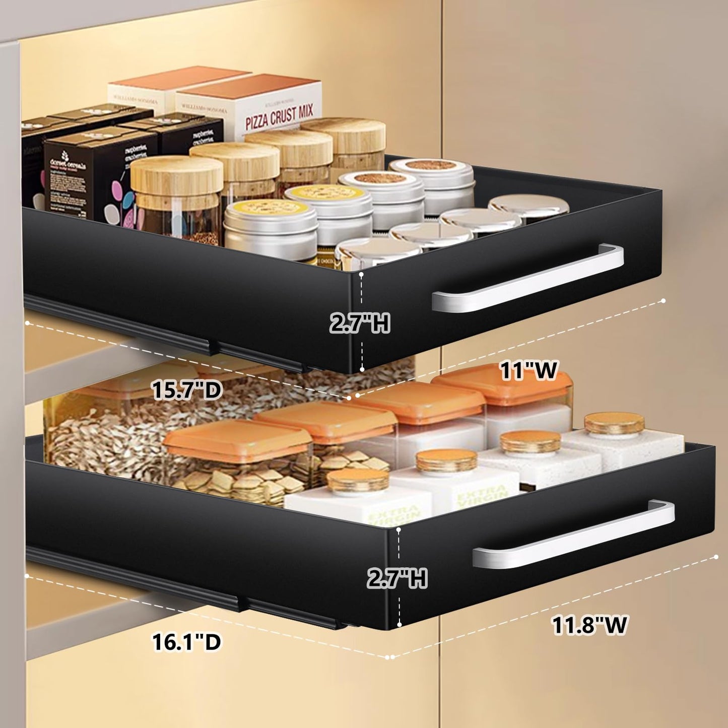 2 Pack Pull out Cabinet Organizer Fixed with Adhesive Nano Film, Heavy Duty Slide out Pantry Shelves Drawer Storage,Under Sink Storage Organization with Handle for Kitchen