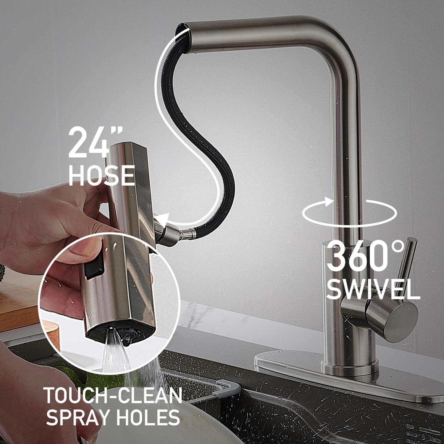 ZORIOU Kitchen Faucets with Pull Down Sprayer - Brushed Nickel Waterfall Kitchen Sink Faucet with Soap Dispenser - Single Hole Stainless Steel Kitchen Faucet - Modern Single Handle Kitchen Faucet