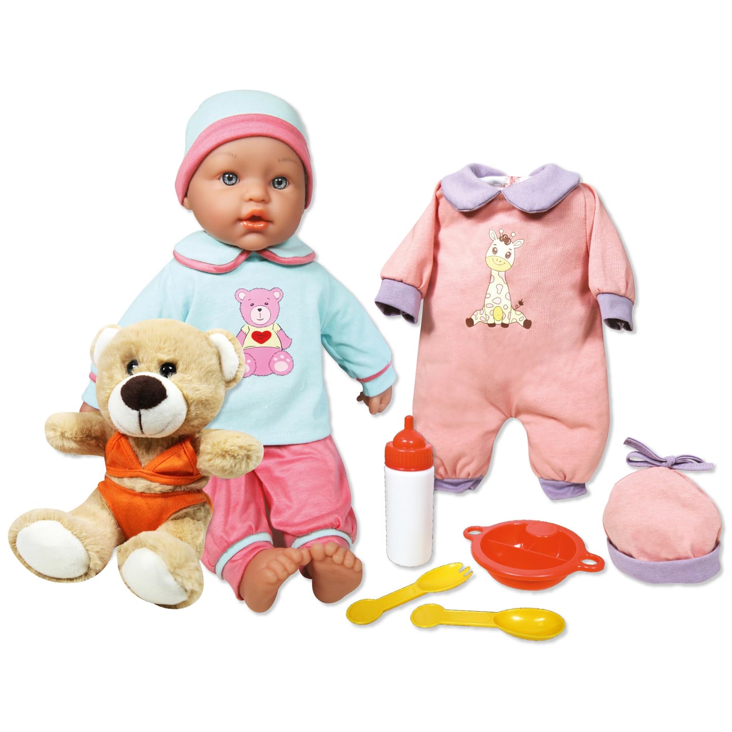 15" Baby Doll Set with Teddy Bear & Accessories