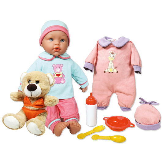15" Baby Doll Set with Teddy Bear & Accessories