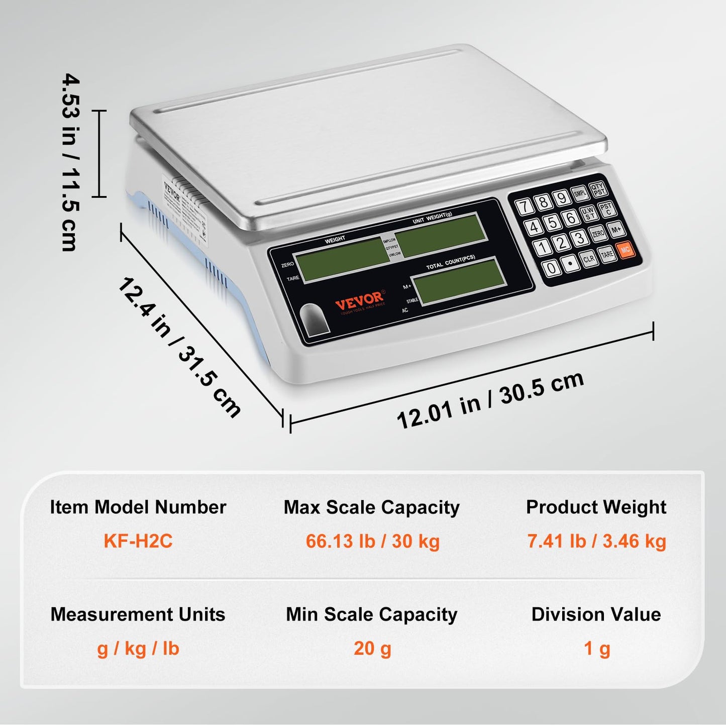 VEVOR Industrial Counting Scale, Digital Scale for Parts and Coins, Electronic Gram Scale Inventory Piece Counting Scale Kitchen Jewelry Counting Scale with 3 LCD Screens 30 kg x 1 g, g/kg/lb Units