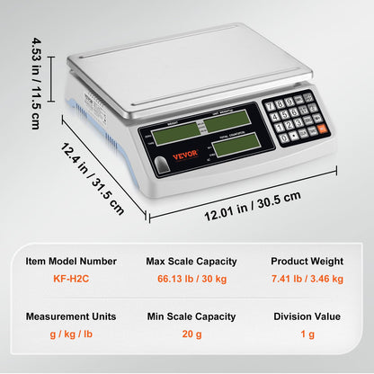 VEVOR Industrial Counting Scale, Digital Scale for Parts and Coins, Electronic Gram Scale Inventory Piece Counting Scale Kitchen Jewelry Counting Scale with 3 LCD Screens 30 kg x 1 g, g/kg/lb Units