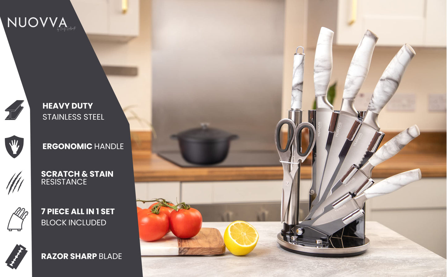 Professional Kitchen Knife Set – 7pcs Calcutta Marble Kitchen Knives – 360 Degree Rotating Knife Block Sharp Stainless Steel Blades – by Nuovva