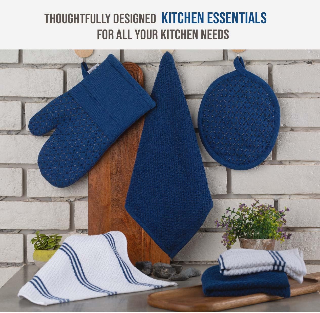 Lane Linen Tea Towels for Kitchen - 16 Pc Kitchen Towel Set with Silicone Oven Mitts and Pot Holders Sets, Cotton Kitchen Towels, Absorbent Dish Towels, Hand Towels for Kitchen - Indigo