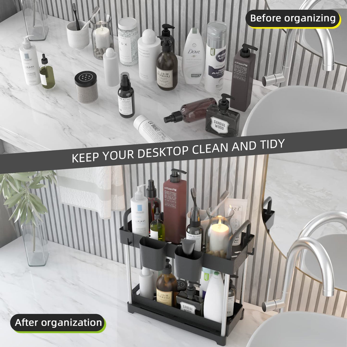 PROFECTUS Under Sink Organizers and Storage, 2-Tier Sliding Under Bathroom Cabinet Organizer with Hooks,Hanging Cup,Handrail,Multi-Purpose Storage Shelf for Kitchen Bathroom
