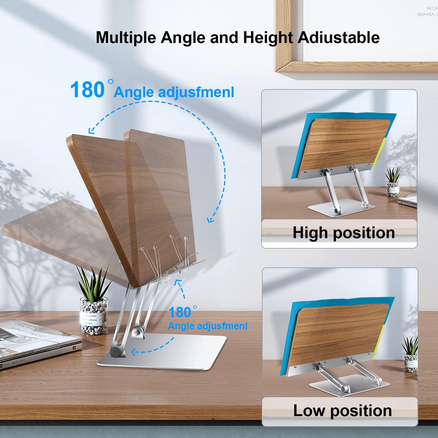 Shikha Adjustable Book Stand Wooden Book Holders for Reading Hands-Free Holder for Laptop Phone Tablet with Wooden Pad, 2 Spring Clips.