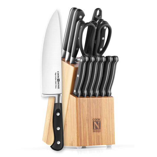 Cook N Home Kitchen Knife Set with Bamboo Storage Block 15-Piece, High Carbon Stainless Steel Blade, Black