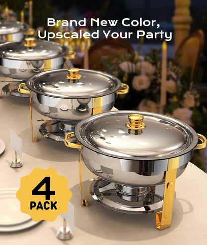 Chafing Dishes for Buffet 4 Pack, 5QT [Worry-Free Assemble] Round Chafing Dish Buffet Set [Elegant Gold and Silver Colors] Stainless Steel Chafers and Buffet Warmers Sets for Parties with Complete Set