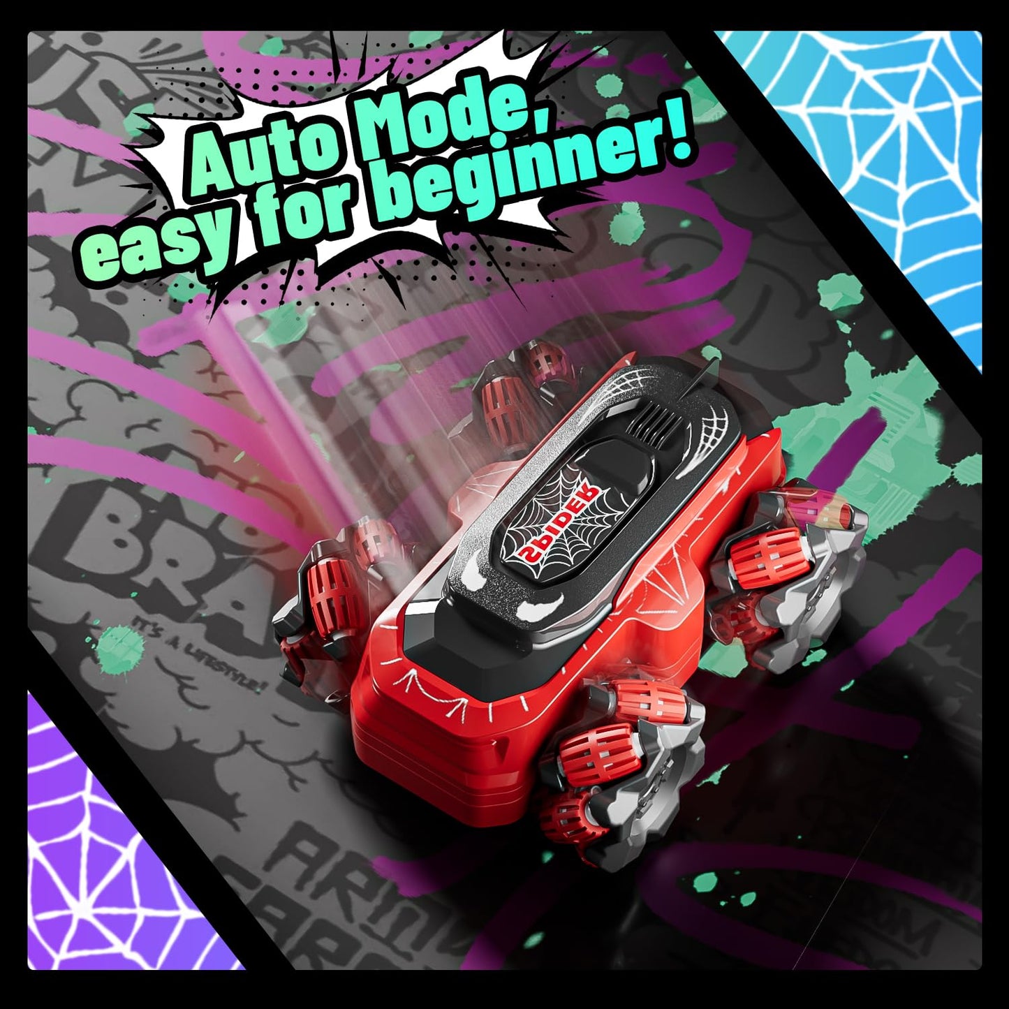 Spider Remote Control Car, Waterproof Mini 4WD Amphibious RC Car Fits Inside Remote, Dual Tires for Land & Water, 360°Spins, 50-Min Runtime W/ 2 Batteries, Boat Toy for Pool Lake Beach, Gift for Kids