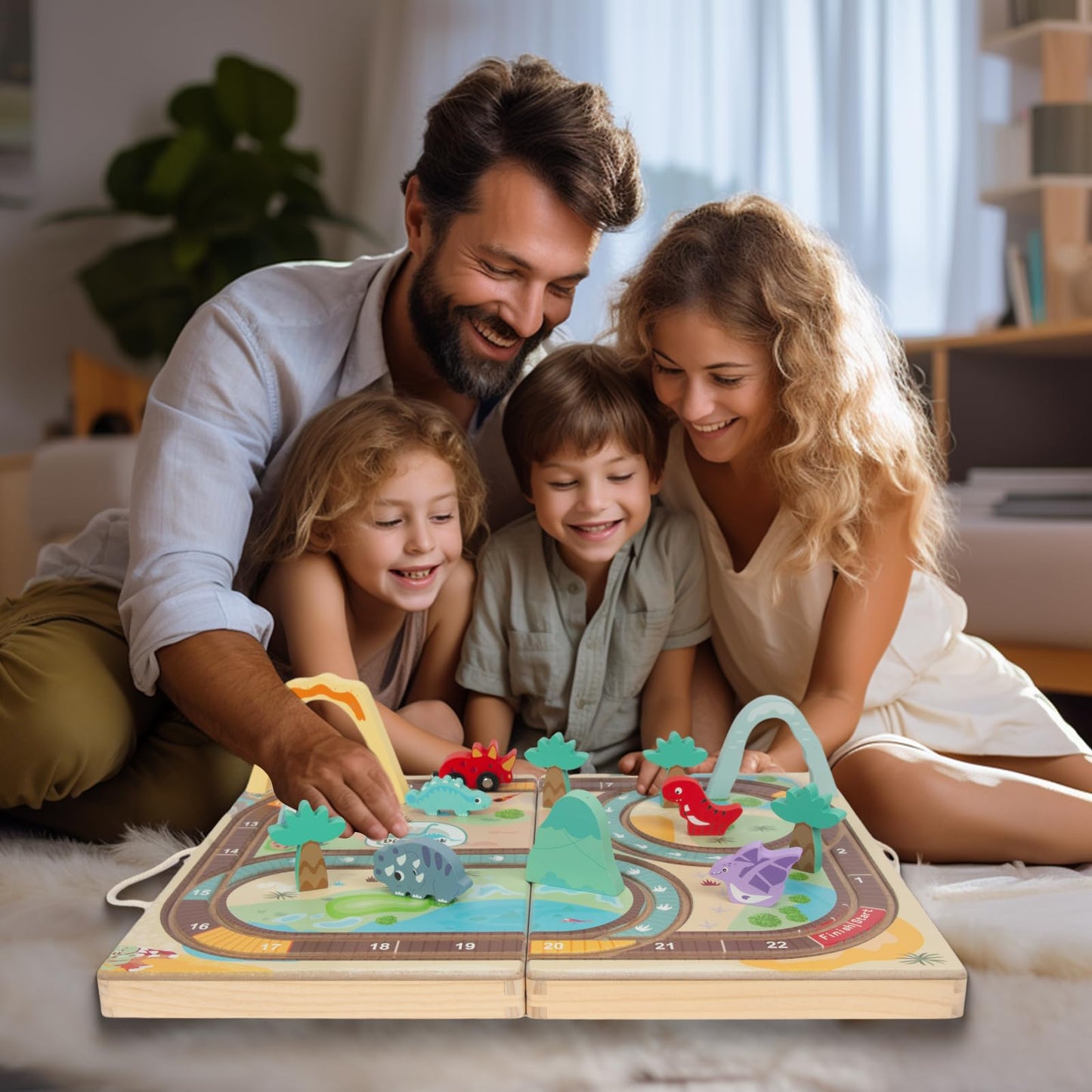 WoodenEdu Wooden Train Set Toys for Toddlers, Wooden Dinosaur Train Set for Kids Age 3+, Portable Durable Train Chess Toys for Travel with 3 Trains 5 Dinosaurs for Kids