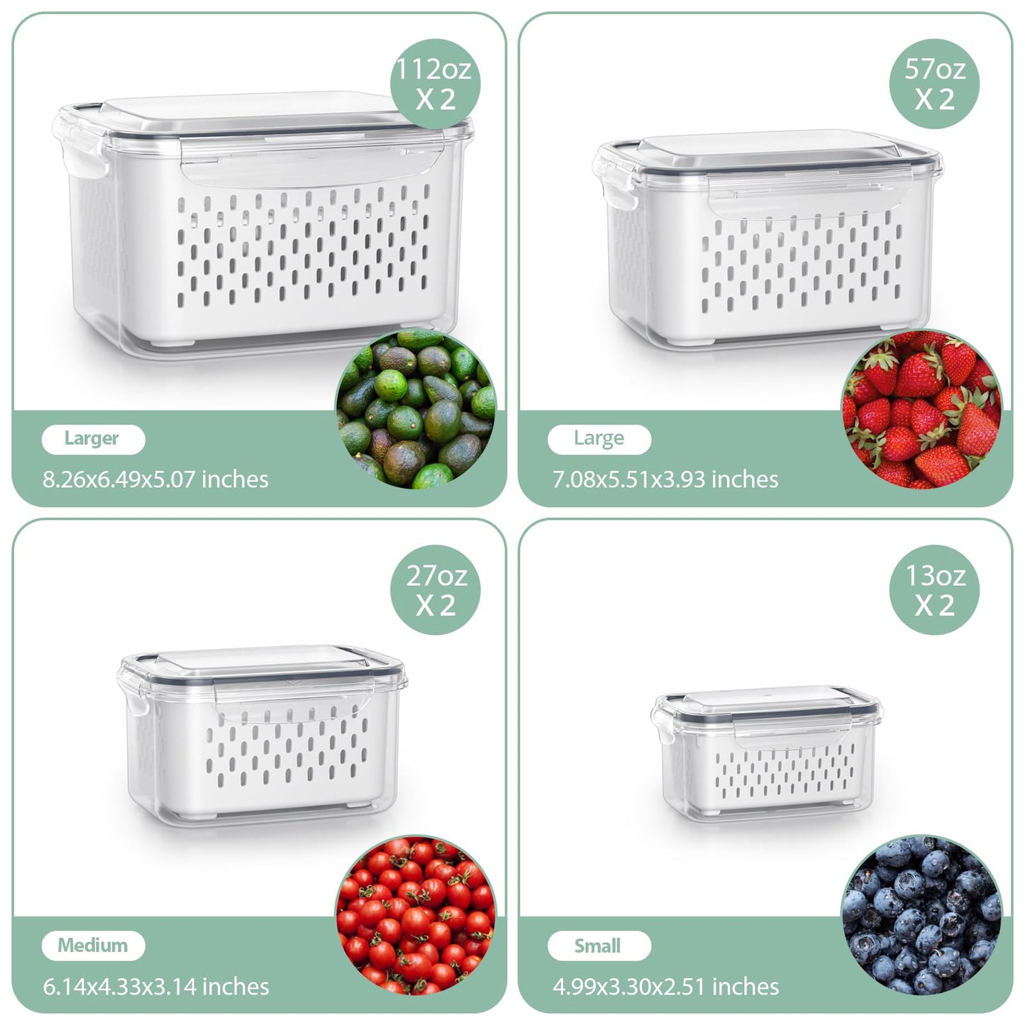 Fruit Storage Containers for Fridge with Removable Colander, 24PCS Fruit Containers for Fridge with 2 Function Divider Plate, Airtight Storage Container to Keep Berry Fruit Fresh, Dishwasher Safe