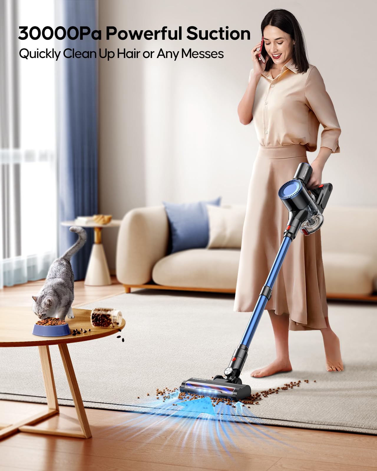 Powerffy 400W/30Kpa Cordless Vacuum Cleaner, 45 mins Rechargeable Stick Vacuum with 1.2 L Dust Cup,80000Rpm Powerful Motor Handheld Stick Vacuum for Hard Floor,Carpet,Pet Hair (N10)