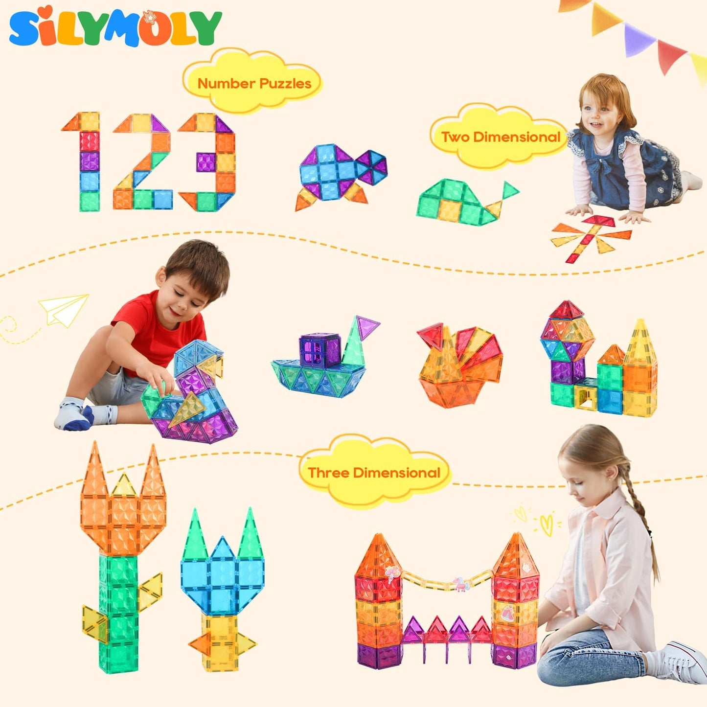 SILYMOLY Magnetic Tiles, Magnetic Blocks, Magnet Building Tiles, Toys for Kids Ages 1 3 5 8 Ages, Magnetic Toys Playboards, STEM Toys Preschool, Rainbow Colors, Snowflake Design