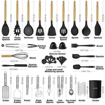 Silicone Kitchen Utensils Set, 46 pcs Cooking Utensils Set-Silicone Spatula Set- Kitchen Gadgets and Tools with Holder-Wooden Handle Silicone Kitchen Utensil with Tongs,Grater (Black)