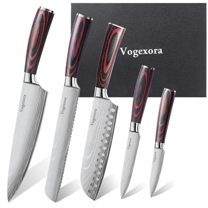 Vorgexora 5 Pcs Chefs Kitchen Sharp Knife Set - Japanese Professional Cooking Cutting Knives for Meat Vegetable Bread and Paring, High Carbon Stainless Steel Santoku