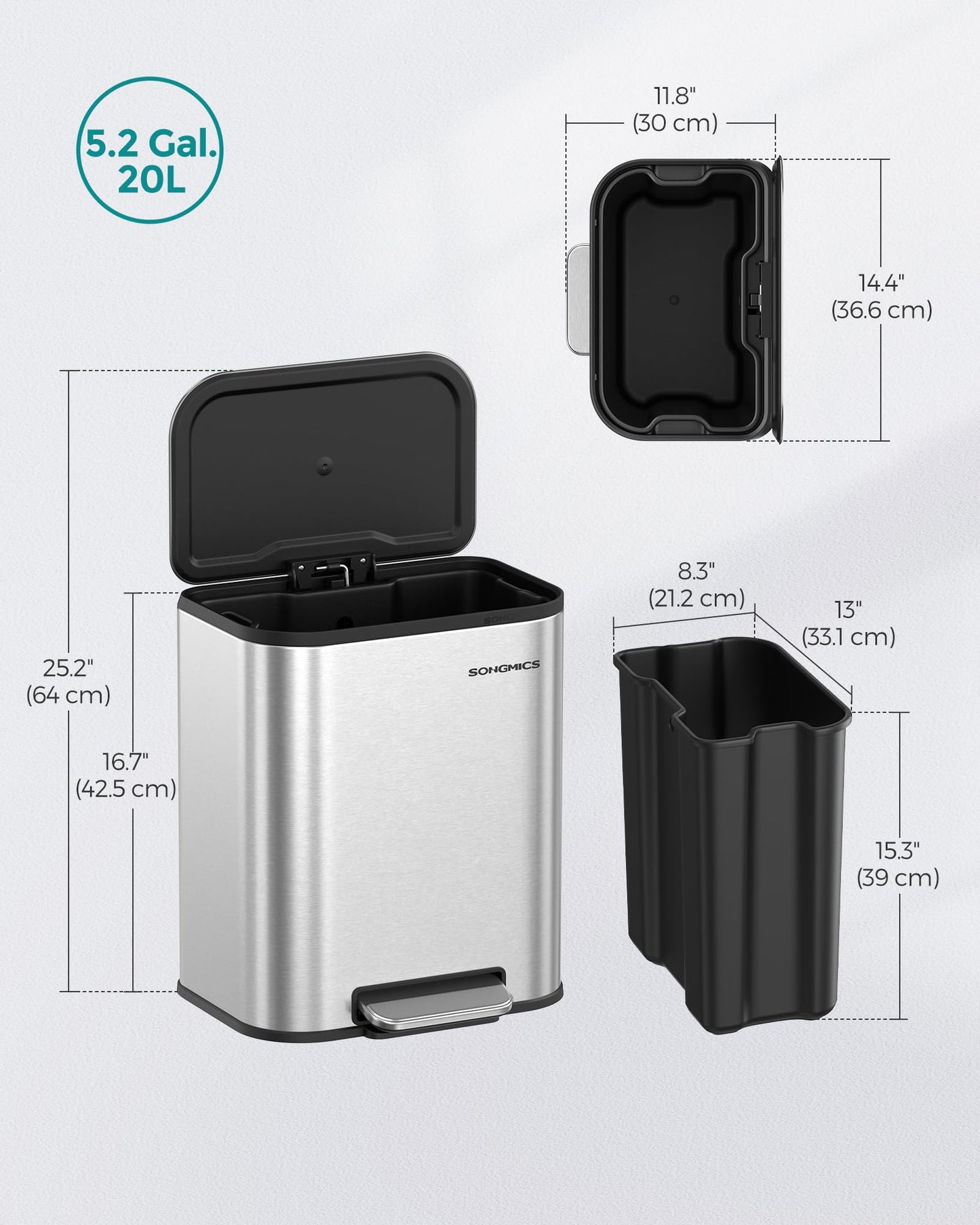 SONGMICS Kitchen Trash Can, 5.2-Gallon (20L) Garbage Can with Lid, Stainless Steel, Soft Close and Stays Open, Inner Bucket, Wide Non-Slip Pedal, Metallic Silver LTB542E20