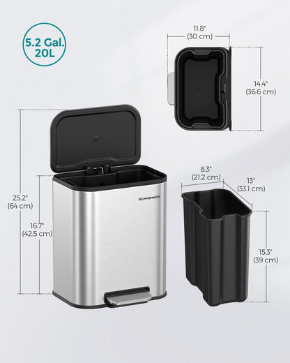 SONGMICS Kitchen Trash Can, 5.2-Gallon (20L) Garbage Can with Lid, Stainless Steel, Soft Close and Stays Open, Inner Bucket, Wide Non-Slip Pedal, Metallic Silver LTB542E20