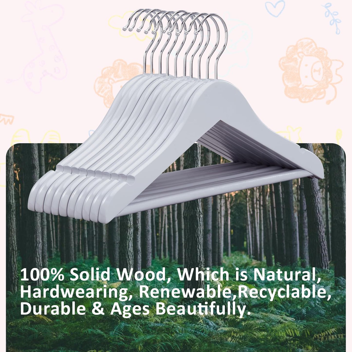 FairyHaus Kids Wooden Hangers 20Pack Grey, 12.8 Inch Baby Wooden Hangers for Closet, Anti-Rust 360° Swivel Hook, Notches & Smooth Finish, Natural Solid Wood Childrens Hangers for Clothes