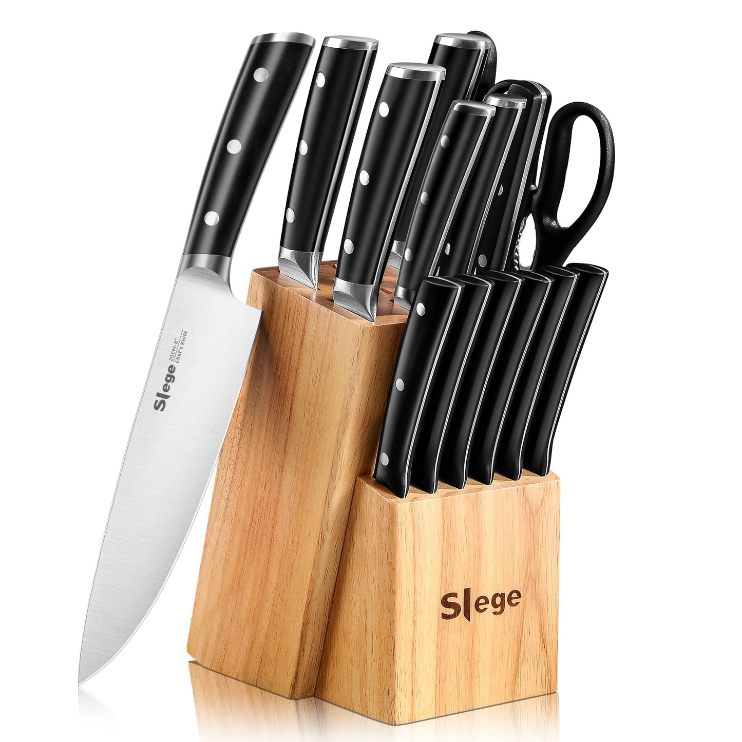 Slege 16pcs Kitchen Knife Set, High Carbon Stainless Steel, Forged Triple Rivet, with Sharpener and Kitchen Shear, Classic Straight Handle