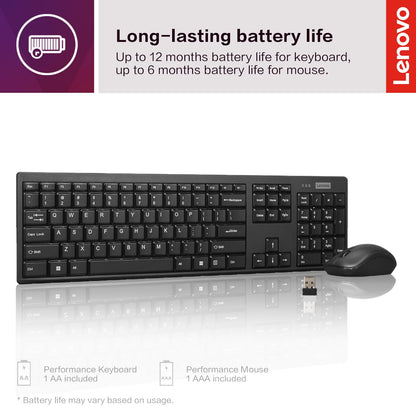 Lenovo 100 Wireless Keyboard and Mouse Combo – Cordless Set with Spill Resistant Quiet Keys – 3-Zone Keyboard - Ambidextrous Mouse – Compact Design – Wireless USB -Black
