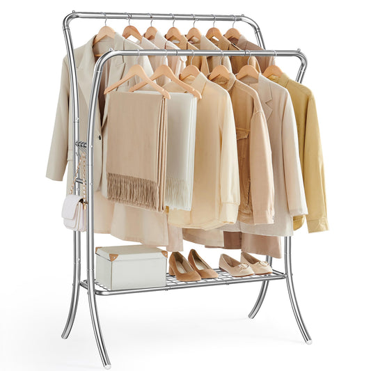 SONGMICS Clothes Rack, Clothing Rack with Shelfs, Garment Racks Heavy Duty, Double Rod Clothes Rack with 6 Hooks, Clothes Storage and Display, for Living Room, Bedroom, Silver UHSR109E01