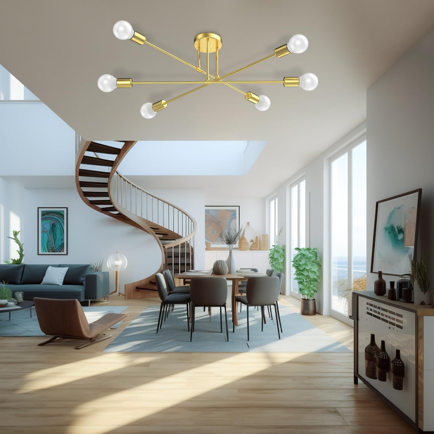 Sunwish Sputnik Chandelier, 6-Light Gold Flush Mount Ceiling Light Fixture Dining Room, Modern Chandeliers for Bedroom Lights with E26 Base, Bulbs Not Included (Gold- 6 Light)