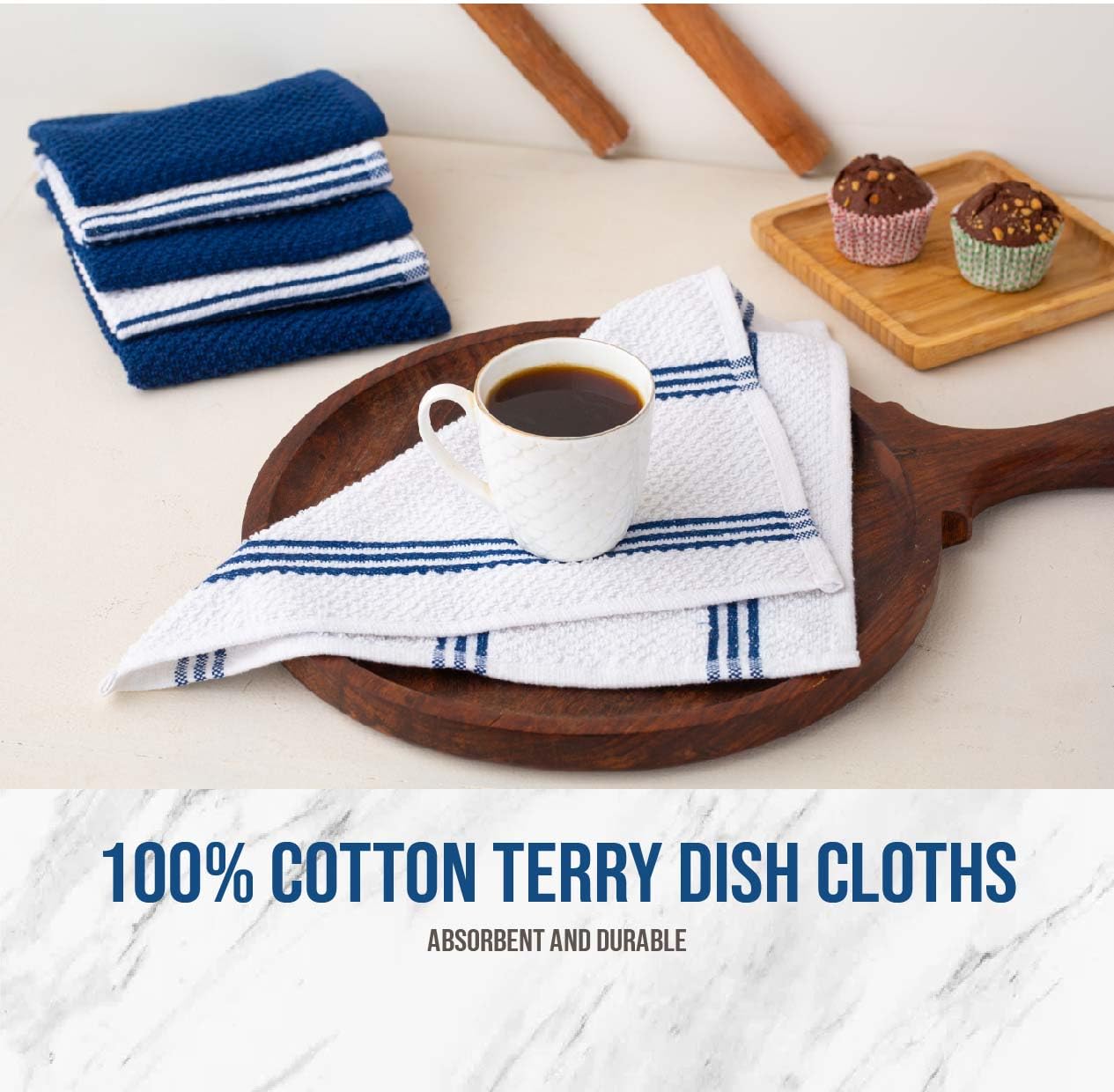 Lane Linen Tea Towels for Kitchen - 16 Pc Kitchen Towel Set with Silicone Oven Mitts and Pot Holders Sets, Cotton Kitchen Towels, Absorbent Dish Towels, Hand Towels for Kitchen - Indigo
